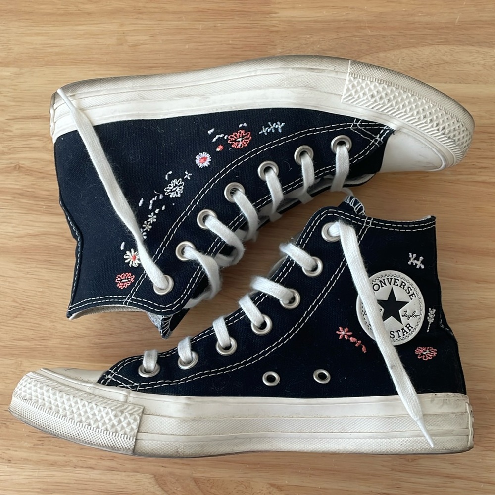 Converse Embroidered Floral High Tops in black